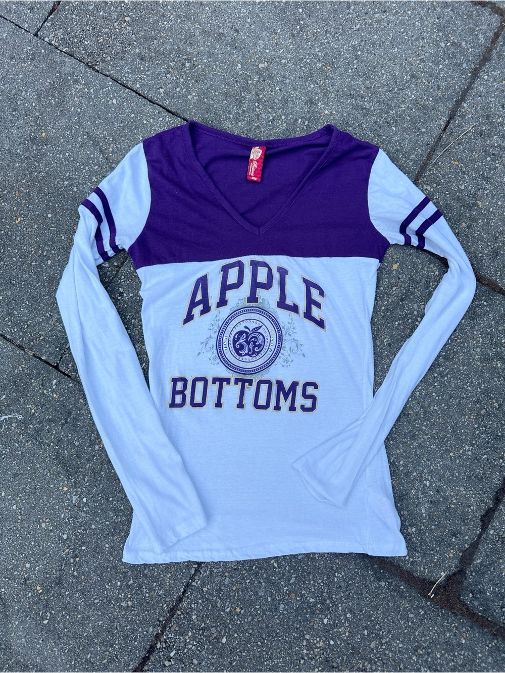 Vintage Apple Bottoms Purple White Varsity Graphic Long Sleeve Top - Size M